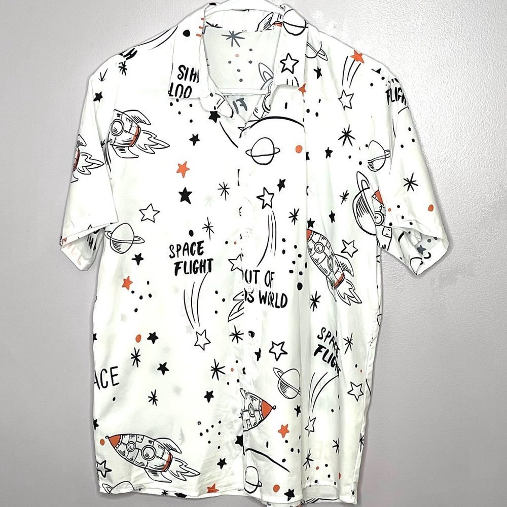 SHEIN White Space Flight Button-Down Shirt with Orange & Black Accents